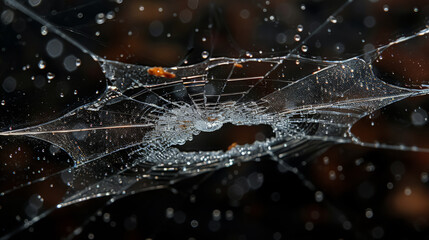A shattered window with a spider web pattern. Concept of brokenness and vulnerability