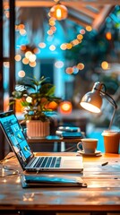 Poster - Cozy Workspace with Laptop, Coffee and String Lights.