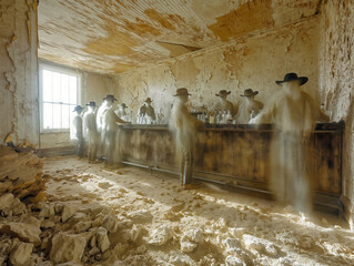 Sticker - A group of men are standing in a bar with a blurry background. Scene is eerie and unsettling