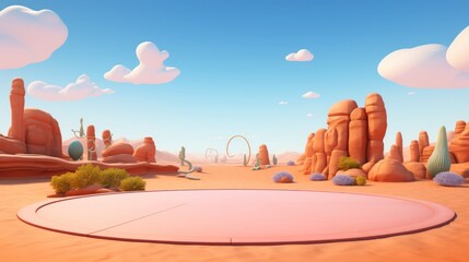 Wall Mural - A pink circular platform in a cartoon-style desert landscape with a blue sky and fluffy clouds.