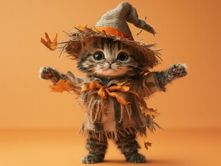 A cat in a Halloween costume is holding a leaf in its paw. The cat is wearing a straw hat and a brown and orange outfit. The image has a playful and whimsical mood, as it features a cute