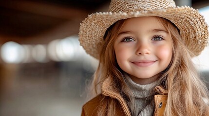 A happy little girl stands at the stadium where horse races, she wears a salt hat and a brown leather jacket