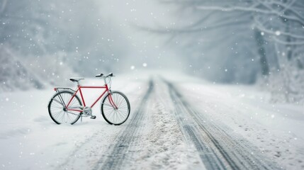 Wall Mural - Bicycle Along a Snowy Path in Winter Near a Quiet Rural Road