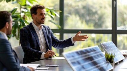 businessman providing a consultation on solar panels for a team of coworkers or customers during a m