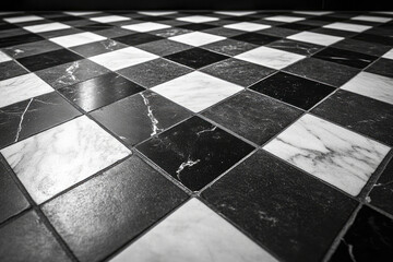 Poster - A monochrome background with a black and white checkerboard pattern, focusing on contrast and symmetry,
