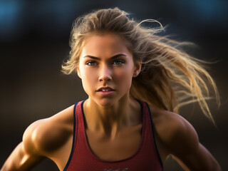 Wall Mural - Teen girl in starting position, set to sprint on the track during practice