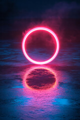 Poster - A neon ring with a soft pink glow, its reflection creating a subtle, mirrored effect on a dark, reflective floor,