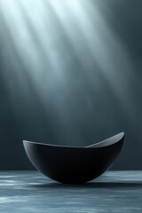 Poster - A soft grey gradient background with a bold, black abstract shape floating in the center,