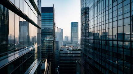 Wall Mural - A view of a city's financial district, where imposing office buildings create a powerful skyline.