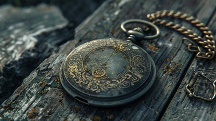 Poster - A weathered pocket watch, with a beautifully engraved cover and a worn chain, telling stories of its long journey through time.