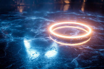 Aufkleber - A neon ring with a soft, white glow, reflecting gently on a dark, marble-like surface with subtle veining,
