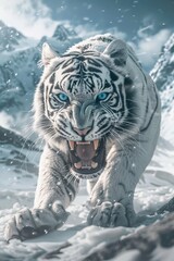 Sticker - A white tiger with glowing blue eyes and a fierce expression is captured from an extreme low angle. Its open mouth and white fur stand out against the snowy mountains in this fantasy photo.