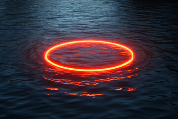 Aufkleber - A vibrant red neon ring floating above a dark, water-like surface, with ripples subtly distorting its reflection,