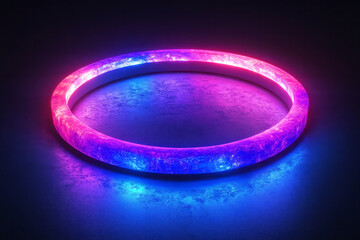 Poster - A neon ring glowing in a gradient of blue to purple, casting a mesmerizing reflection on a deep black surface,