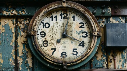 Poster - A worn yet charming railway station clock, with large bold numbers and a distinctive tick, reminiscent of historic train journeys.