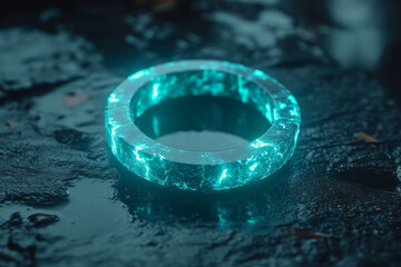 Poster - A neon ring with a gentle turquoise glow, its reflection mirrored perfectly on a dark, mirror-like surface,