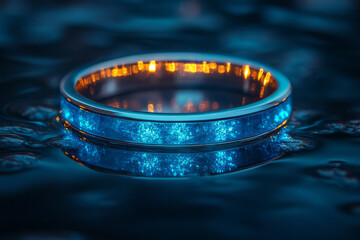 Poster - A neon ring with a gentle turquoise glow, its reflection mirrored perfectly on a dark, mirror-like surface,