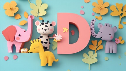 Letter D: Paper cut style illustration, colorful 3D whimsical, text 