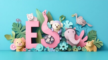 Letter E: Paper cut style illustration, colorful 3D whimsical, text 