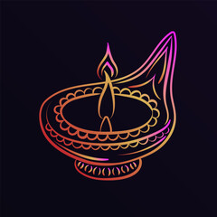 Wall Mural - Hand drawn linear illustration of traditional Indian oil lamp - Diya (Divaa) with outline ornament in red, yellow and purple neon colors isolated on dark background. Icon, symbol, tattoo concept