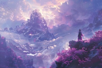 Poster - A man stands triumphantly atop a mountain, surrounded by vibrant purple clouds in a breathtaking sky, Delicate patterns that dance across the canvas, AI generated