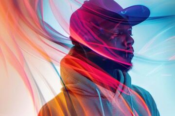 Canvas Print - Profile of a man in a hoodie with colorful light trails swirling around him, creating an abstract and vibrant atmosphere