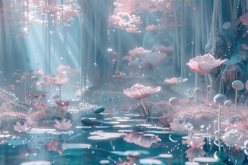 Poster - A serene landscape featuring vibrant pink flowers beside a tranquil body of water, creating a picturesque natural scene, Delicate patterns that dance across the canvas, AI generated