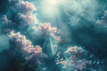 Poster - Sunlight streams through clouds, illuminating the water below, creating a serene and tranquil atmosphere, Delicate patterns that dance across the canvas, AI generated