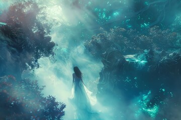 Poster - A woman walks through a forest illuminated by enchanting blue lights, creating a serene and magical atmosphere, Delicate patterns that dance across the canvas, AI generated