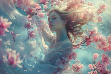 Poster - A beautiful woman wearing a white dress adorned with pink flowers, exuding elegance and grace in a serene setting, Delicate patterns that dance across the canvas, AI generated