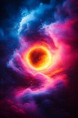 Poster - A vibrant neon circular pattern with alternating cyan and magenta rings, creating a pulsating glow against a dark background,