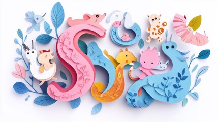 Wall Mural - Letter S: Paper cut style illustration, colorful 3D whimsical, text 