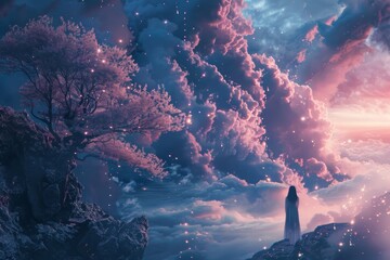 Poster - A man stands triumphantly atop a mountain, surrounded by a sea of clouds under a clear blue sky, Delicate patterns that dance across the canvas, AI generated