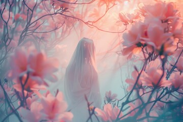 Poster - A woman in a white dress stands gracefully before a vibrant backdrop of blooming pink flowers, Delicate patterns that dance across the canvas, AI generated