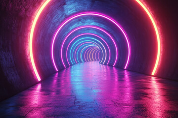Poster - Abstract concentric circles in neon cyan and magenta, radiating outward with a hypnotic, glowing effect,