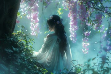 Poster - A woman seated beneath a tree in the woods, surrounded by blooming flowers, enjoying the serene natural environment, Delicate patterns that dance across the canvas, AI generated