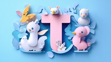 Letter T: Paper cut style illustration, colorful 3D whimsical, text 