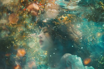 Poster - A woman submerged in water, surrounded by bubbles and delicate flowers, creating a serene and ethereal atmosphere, AI generated