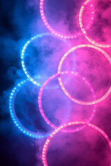 Aufkleber - Abstract neon circles in cyan and magenta, arranged in a grid pattern that shifts and pulses with light,