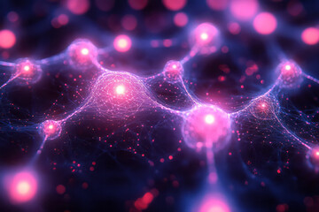Poster - A glowing network of interwoven cyan and magenta neon circles, forming a complex, abstract web,