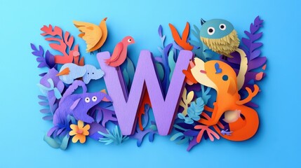 Letter W: Paper cut style illustration, colorful 3D whimsical, text 