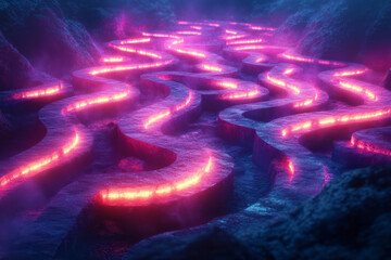 Aufkleber - A neon circular maze in vibrant cyan and magenta, with glowing paths and intersections creating an abstract, otherworldly design,