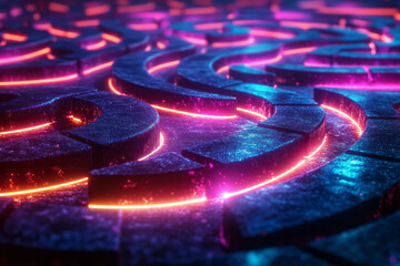 Aufkleber - A neon circular maze in vibrant cyan and magenta, with glowing paths and intersections creating an abstract, otherworldly design,