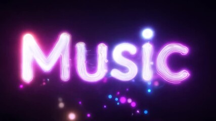 Poster - Vibrant purple and white neon light painting spells music on a dark background, adding creativity and modern style to entertainment projects