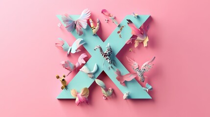 Letter X: Paper cut style illustration, colorful 3D whimsical, text 