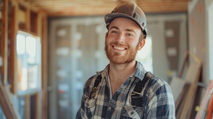 Wall Mural - Portrait of a happy man, a skilled worker, standing and smiling while renovating a home. Handyman is dedicated to job, ensuring professional work and service with a happy demeanor.