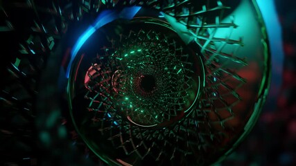 Wall Mural - Abstract background 3D animation moving through shiny glass metal and neon lights tunnel, loop