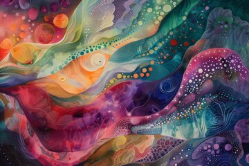 Poster - A colorful spiral pattern painting, characterized by swirling hues that create an energetic and mesmerizing visual effect, Delicate patterns that dance across the canvas, AI generated