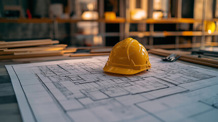 Blueprint Floor Plan of Architectural Project Spread on Table with Yellow Helmet and Pencil, Ready for Design Work