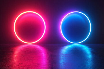 Aufkleber - A symmetrical arrangement of small and large neon rings in cyan and magenta, floating against a jet-black backdrop,